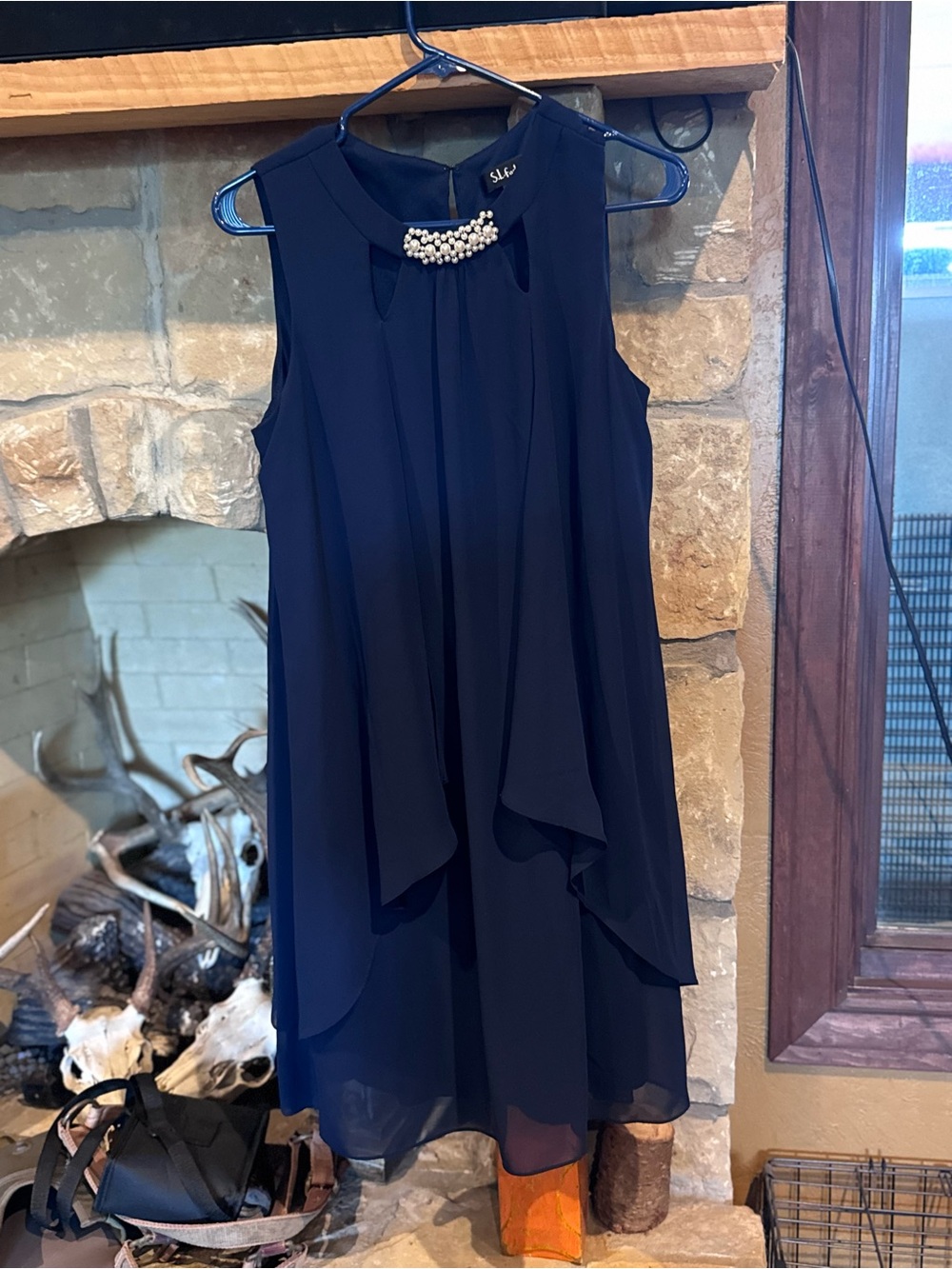 Sleeveless Navy Pearl-Embellished  Dress